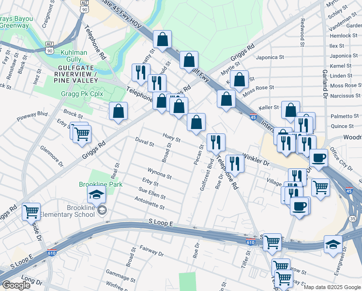 map of restaurants, bars, coffee shops, grocery stores, and more near 4118 Huey Street in Houston