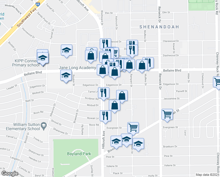 map of restaurants, bars, coffee shops, grocery stores, and more near 9 Edgemoor Drive in Houston