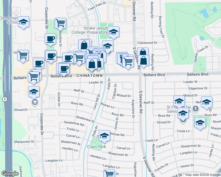 map of restaurants, bars, coffee shops, grocery stores, and more near 7018 Pella Drive in Houston