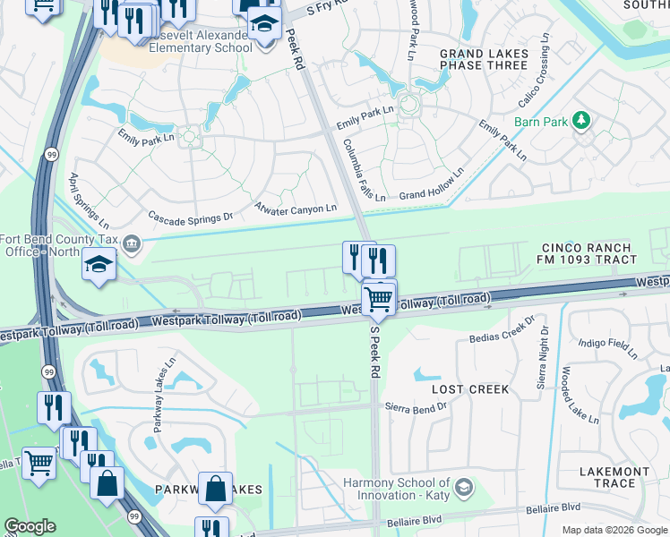 map of restaurants, bars, coffee shops, grocery stores, and more near 6307 Grand Butte Court in Katy