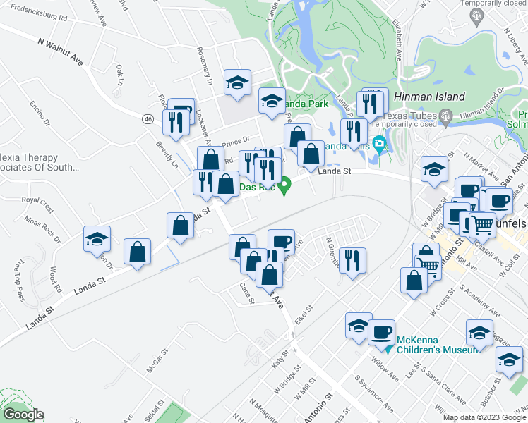 map of restaurants, bars, coffee shops, grocery stores, and more near 200 Primrose Circle in New Braunfels