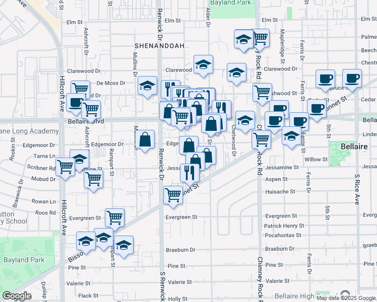 map of restaurants, bars, coffee shops, grocery stores, and more near 7015a Atwell Street in Houston