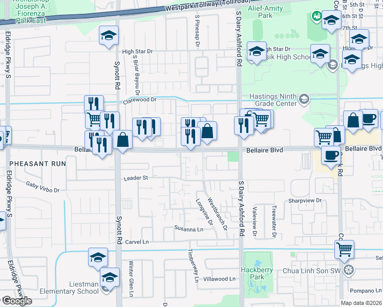 map of restaurants, bars, coffee shops, grocery stores, and more near 12809 Bellaire Boulevard in Houston