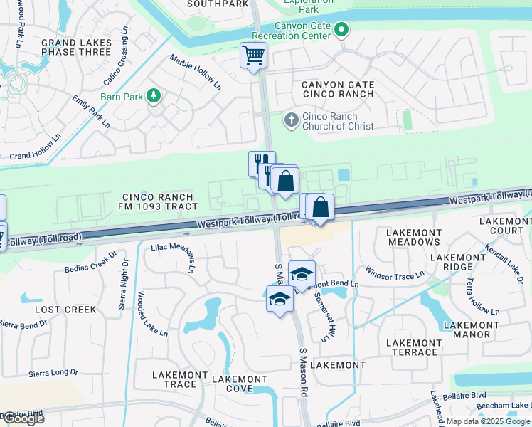 map of restaurants, bars, coffee shops, grocery stores, and more near 20714 Farm to Market Road 1093 in Katy