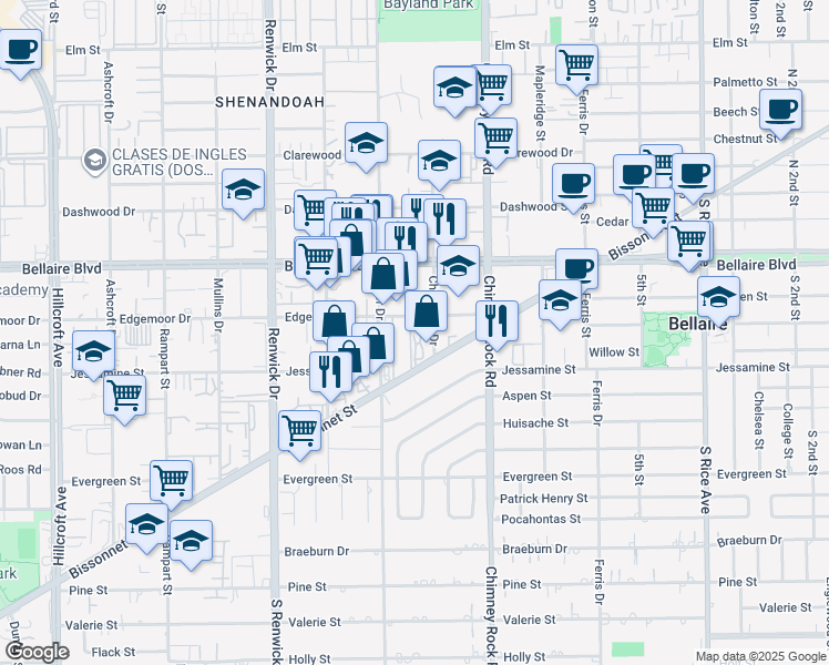 map of restaurants, bars, coffee shops, grocery stores, and more near 5604 Bissonnet Street in Houston