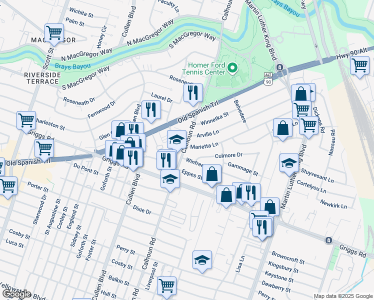 map of restaurants, bars, coffee shops, grocery stores, and more near 4702 Marietta Lane in Houston