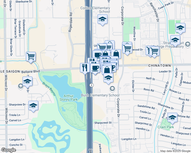 map of restaurants, bars, coffee shops, grocery stores, and more near 6833 West Sam Houston Parkway South in Houston