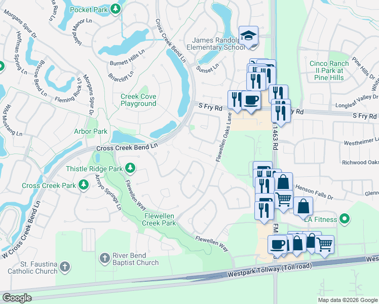 map of restaurants, bars, coffee shops, grocery stores, and more near Villa Mountain Court in Katy