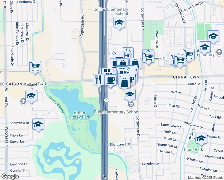 map of restaurants, bars, coffee shops, grocery stores, and more near 6833 West Sam Houston Parkway South in Houston