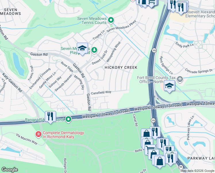 map of restaurants, bars, coffee shops, grocery stores, and more near 6907 Brockington Drive in Katy