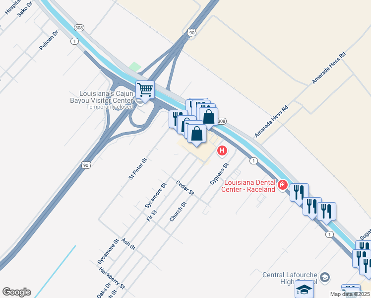map of restaurants, bars, coffee shops, grocery stores, and more near 100 Sycamore Street in Raceland