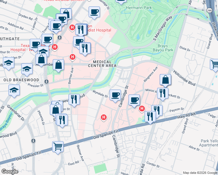 map of restaurants, bars, coffee shops, grocery stores, and more near 7018 Staffordshire in Houston