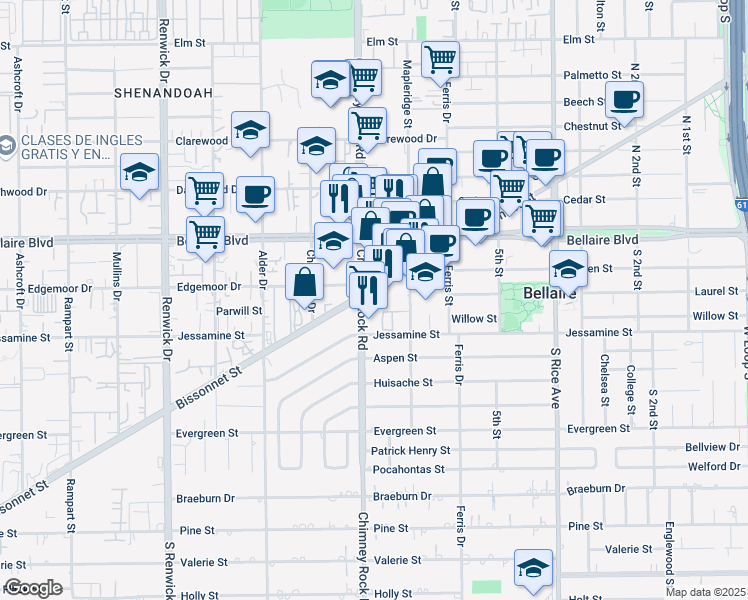 map of restaurants, bars, coffee shops, grocery stores, and more near 5415 Bissonnet Street in Houston