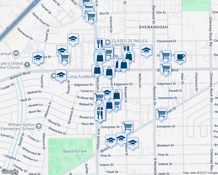 map of restaurants, bars, coffee shops, grocery stores, and more near 9 Edgemoor Drive in Houston