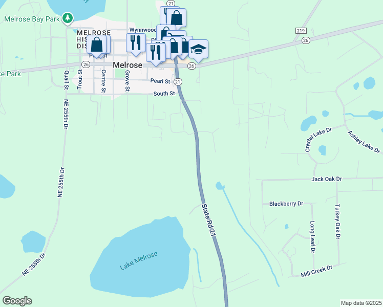 map of restaurants, bars, coffee shops, grocery stores, and more near 511 State Road 21 in Melrose