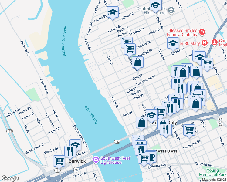 map of restaurants, bars, coffee shops, grocery stores, and more near 101-199 Terrebonne St in Morgan City