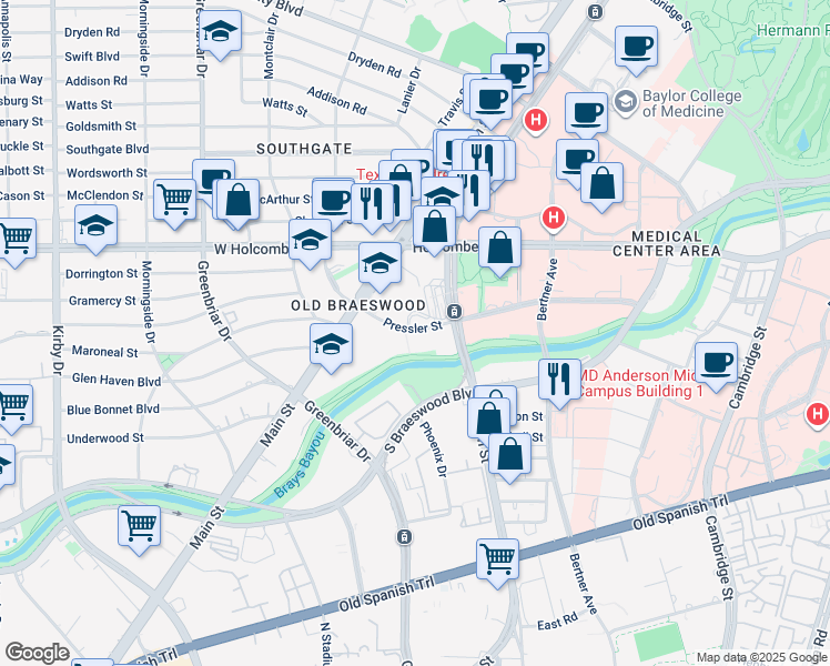 map of restaurants, bars, coffee shops, grocery stores, and more near 1825 Pressler Street in Houston