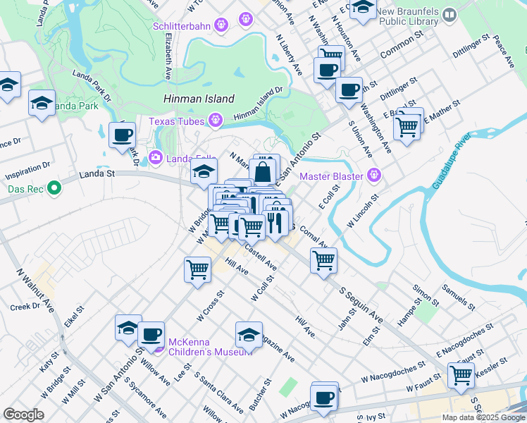 map of restaurants, bars, coffee shops, grocery stores, and more near 263 Main Plaza in New Braunfels