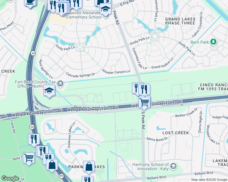 map of restaurants, bars, coffee shops, grocery stores, and more near 6306 Grand Summit Court in Katy