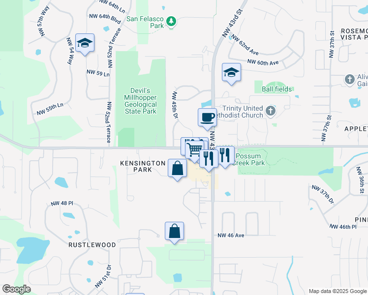 map of restaurants, bars, coffee shops, grocery stores, and more near 4613 Northwest 53rd Avenue in Gainesville