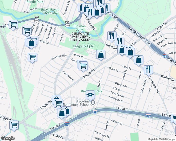 map of restaurants, bars, coffee shops, grocery stores, and more near 3822 Erby Street in Houston