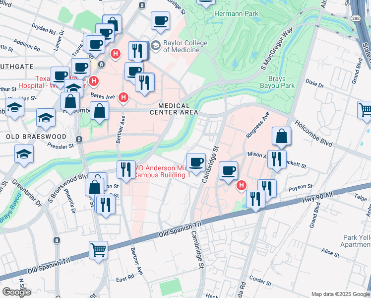 map of restaurants, bars, coffee shops, grocery stores, and more near 7018 Staffordshire in Houston