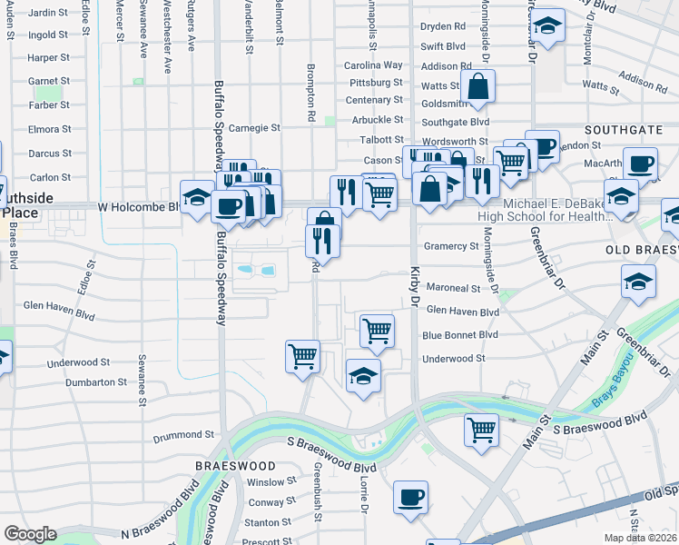 map of restaurants, bars, coffee shops, grocery stores, and more near 7287 Brompton Street in Houston