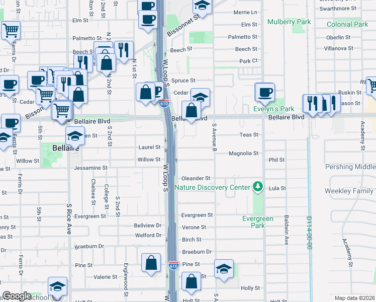 map of restaurants, bars, coffee shops, grocery stores, and more near 4616 Willow Street in Bellaire