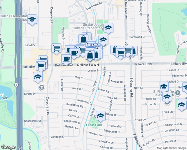 map of restaurants, bars, coffee shops, grocery stores, and more near 7018 Lacy Hill Drive in Houston