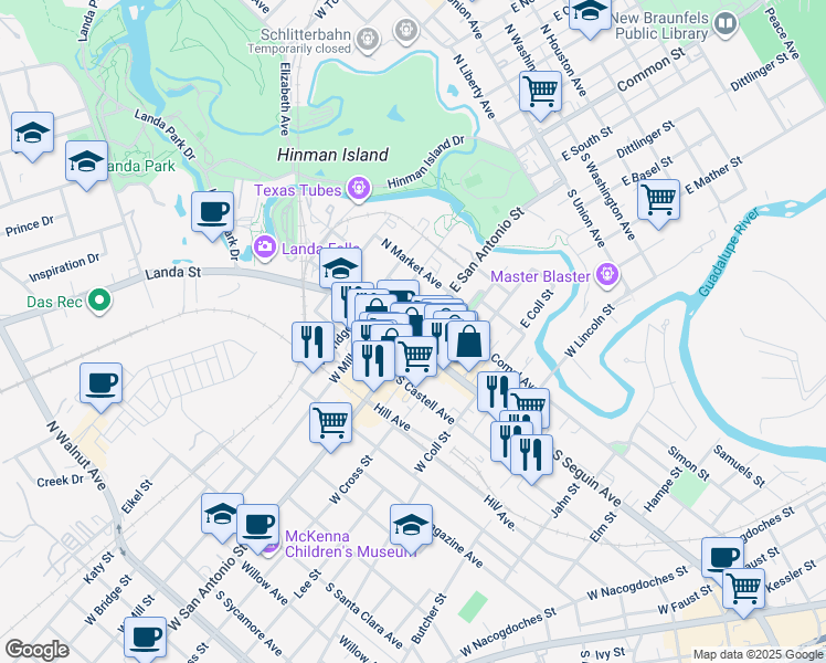 map of restaurants, bars, coffee shops, grocery stores, and more near in New Braunfels