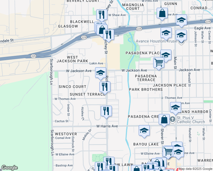 map of restaurants, bars, coffee shops, grocery stores, and more near 605 South Richey Street in Pasadena