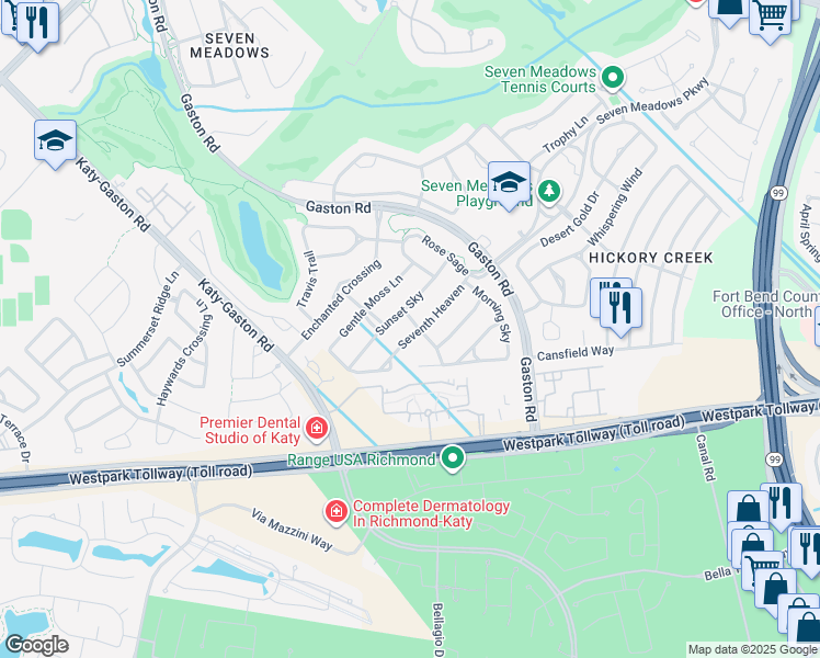 map of restaurants, bars, coffee shops, grocery stores, and more near 24002 Seventh Heaven in Katy