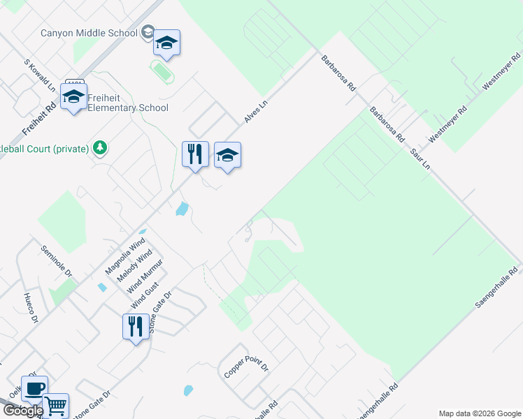 map of restaurants, bars, coffee shops, grocery stores, and more near 612 Three Mile Creek in New Braunfels