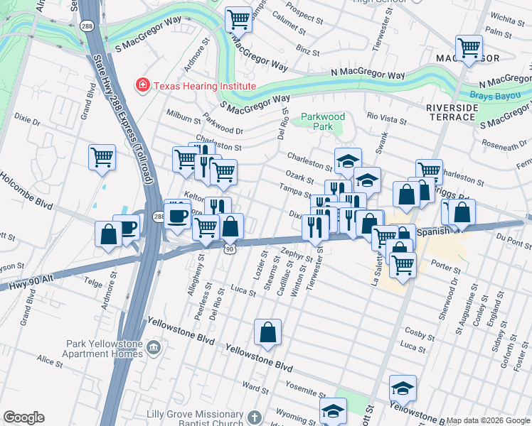map of restaurants, bars, coffee shops, grocery stores, and more near 6318 Illinois Street in Houston