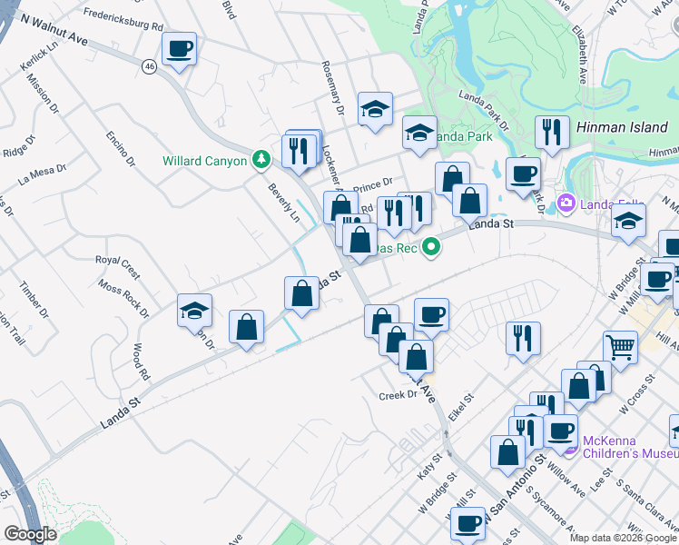 map of restaurants, bars, coffee shops, grocery stores, and more near 501 Landa St in New Braunfels