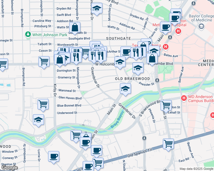 map of restaurants, bars, coffee shops, grocery stores, and more near 2229 Maroneal Street in Houston