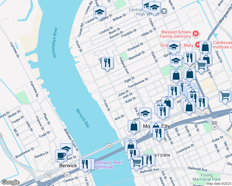 map of restaurants, bars, coffee shops, grocery stores, and more near 199 Terrebonne St in Morgan City