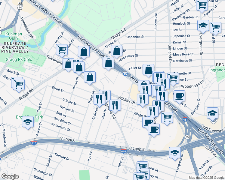 map of restaurants, bars, coffee shops, grocery stores, and more near 123 Winkler Drive in Houston