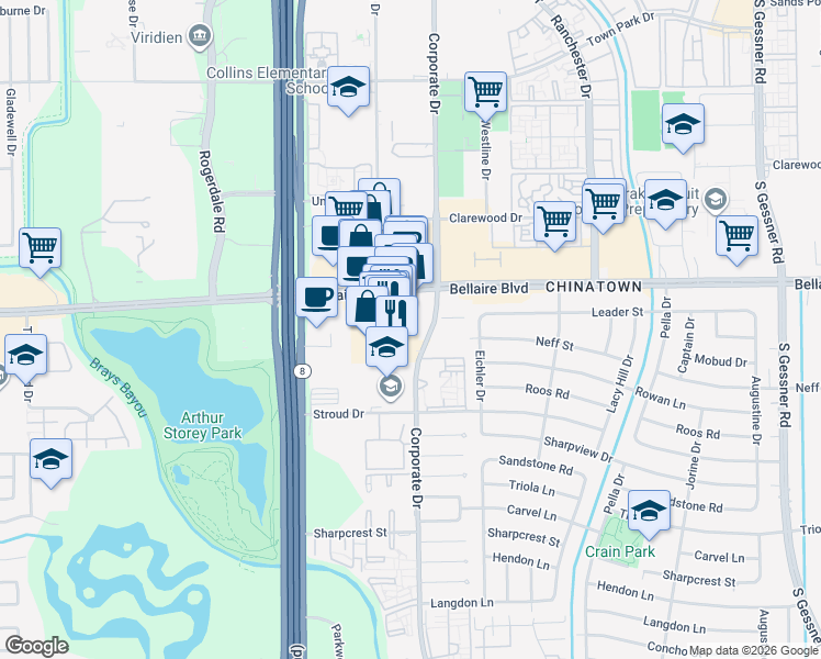 map of restaurants, bars, coffee shops, grocery stores, and more near 9889 Bellaire Boulevard in Houston