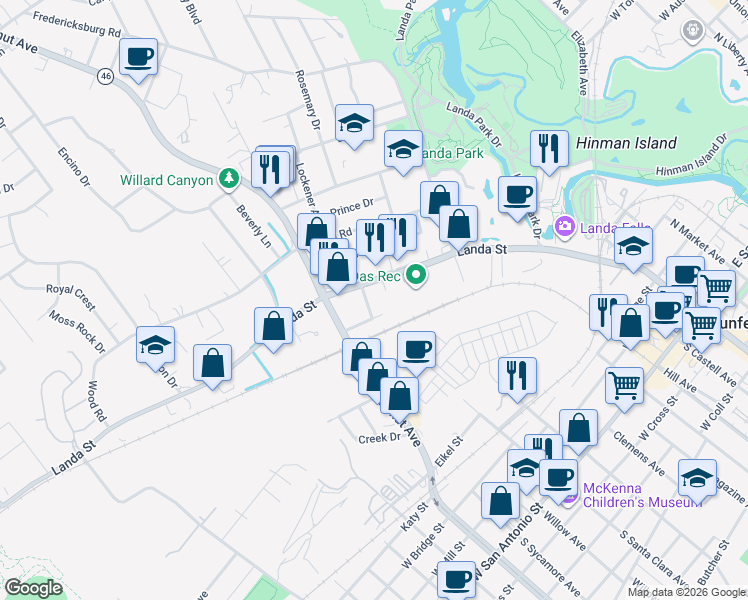 map of restaurants, bars, coffee shops, grocery stores, and more near 351 Lockener Avenue in New Braunfels
