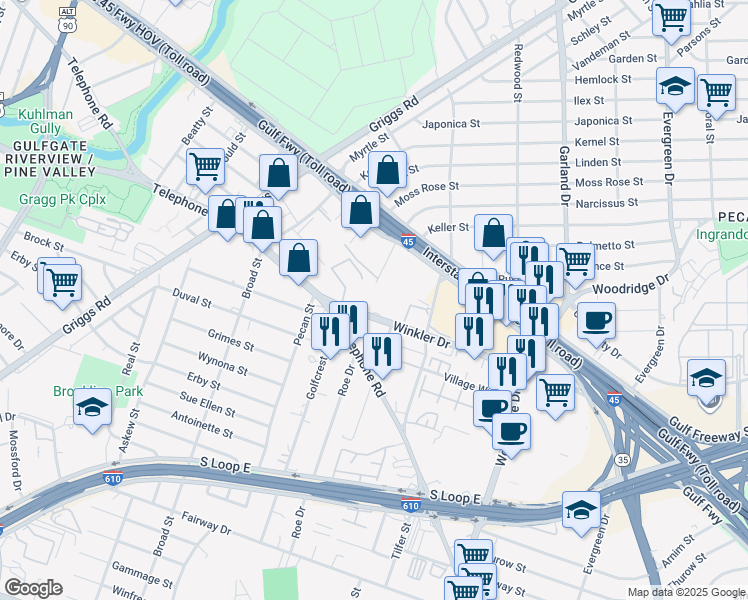 map of restaurants, bars, coffee shops, grocery stores, and more near 123 Winkler Drive in Houston
