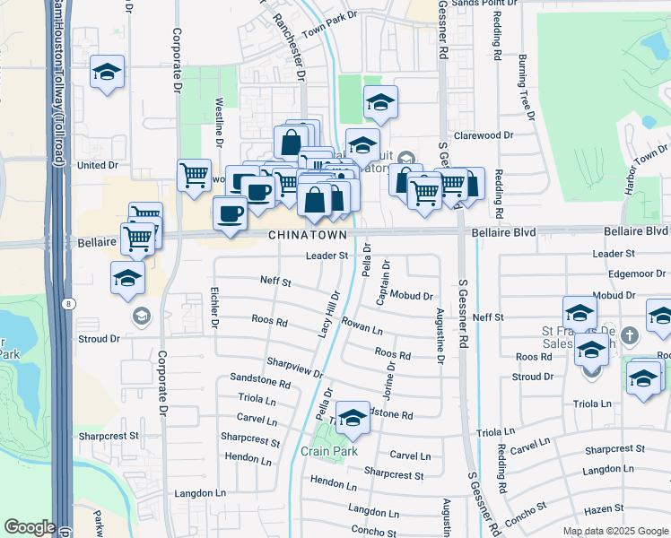 map of restaurants, bars, coffee shops, grocery stores, and more near 7018 Lacy Hill Drive in Houston