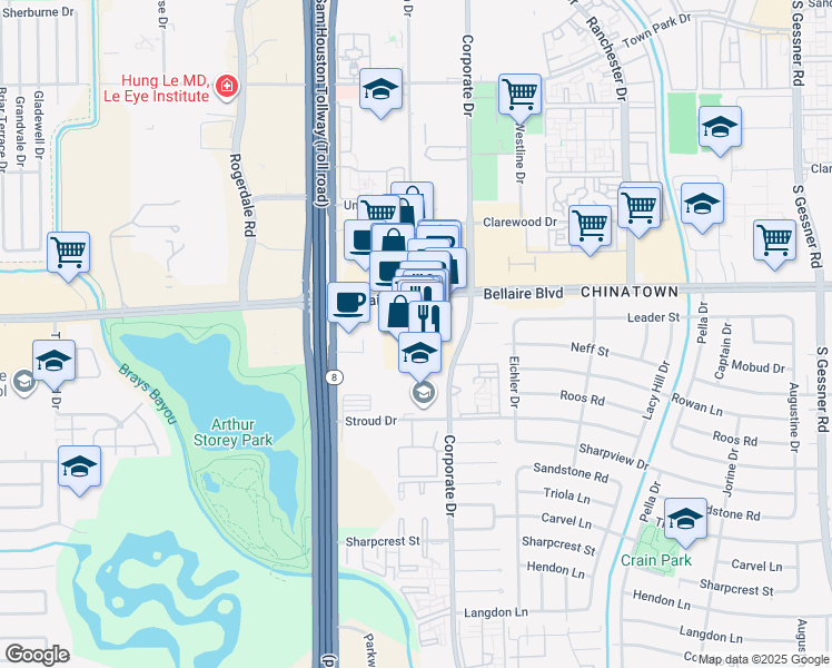 map of restaurants, bars, coffee shops, grocery stores, and more near 9889 Bellaire Boulevard in Houston