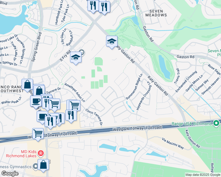 map of restaurants, bars, coffee shops, grocery stores, and more near 24506 Evangeline Springs Lane in Katy