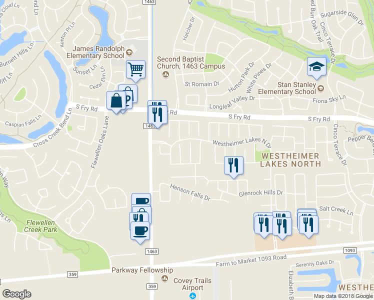 map of restaurants, bars, coffee shops, grocery stores, and more near 6122 Grassy Haven Lane in Katy