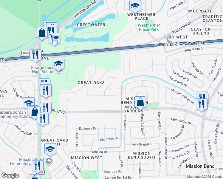 map of restaurants, bars, coffee shops, grocery stores, and more near 16436 Great Ridge Court in Houston