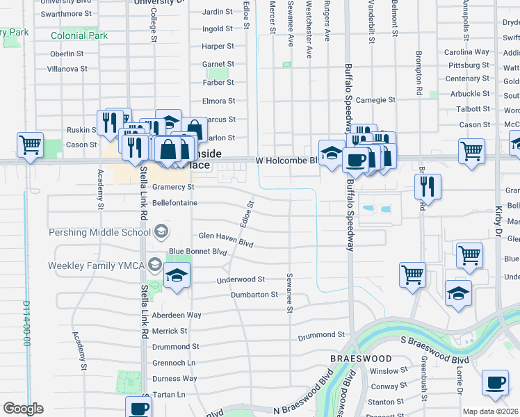map of restaurants, bars, coffee shops, grocery stores, and more near 3636 Bellefontaine Street in Houston