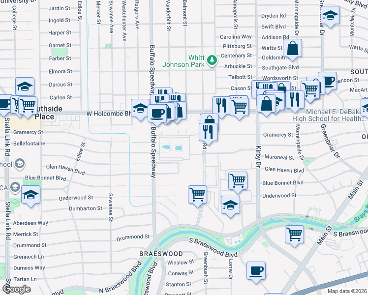 map of restaurants, bars, coffee shops, grocery stores, and more near 7171 Buffalo Speedway in Houston