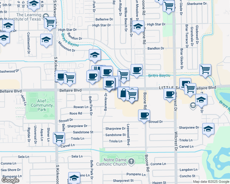 map of restaurants, bars, coffee shops, grocery stores, and more near 11403 Bellaire Boulevard in Houston