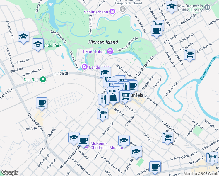 map of restaurants, bars, coffee shops, grocery stores, and more near 260 N Castell Ave in New Braunfels